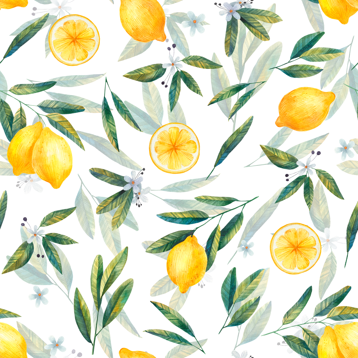 Lemon Seamless Watercolor Pattern, Botanical